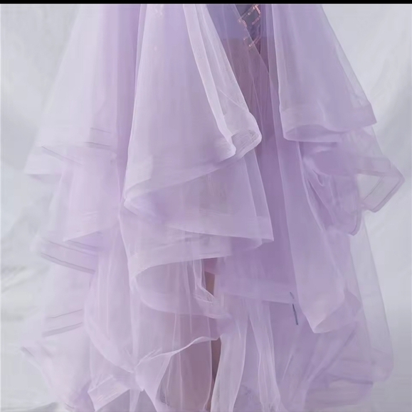 Purple, V Neck, Abstract Print, Ostrich Feathers, Tulle, Mermaid Gown - Picture 12 of 15